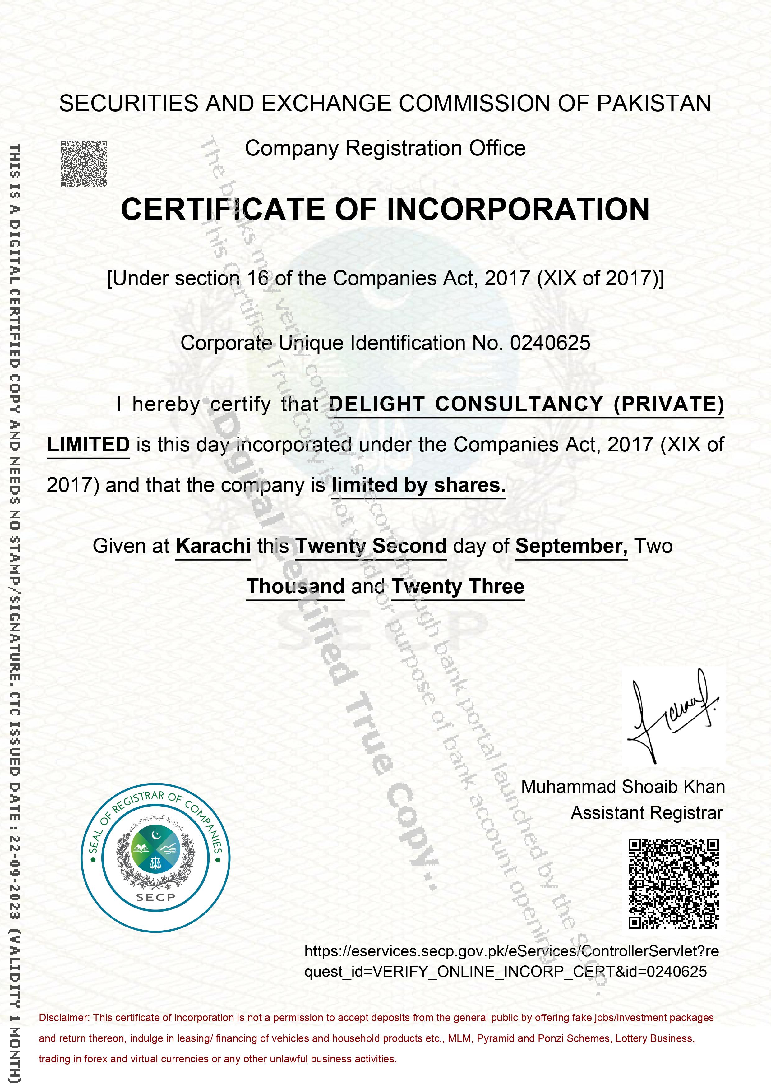 incorporation certificate